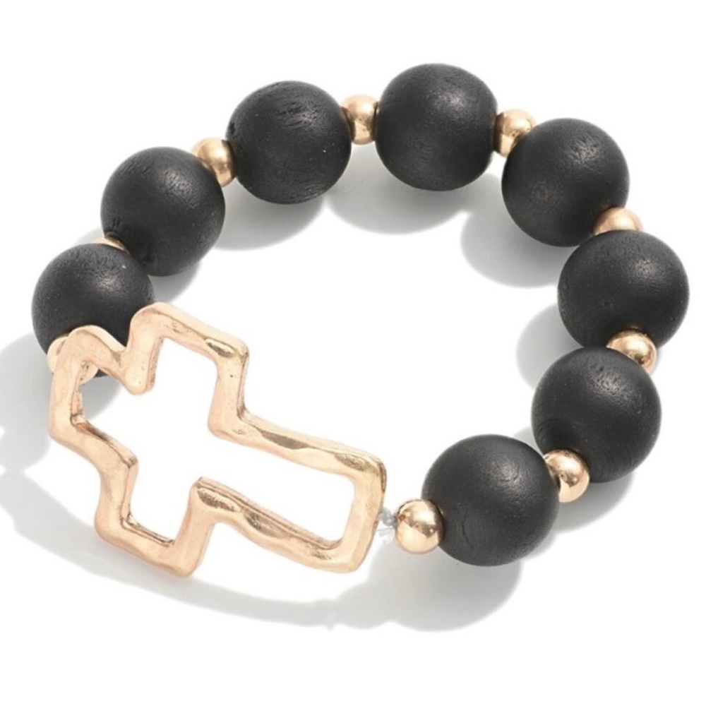 Gold Cross and Black Bead Bracelet - Hammered Gold Cross Bracelet Wood Beads NWT